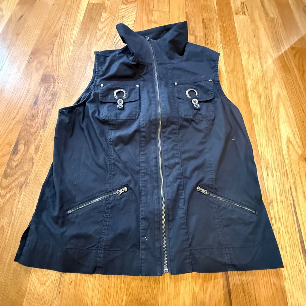 Vincente Black Utility Vest Mock Neck Zip Front Pockets  Medium